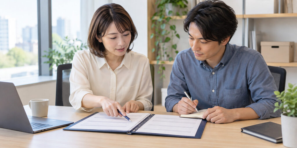 机に並んで座り、一人が資料を説明し、もう一人がノートに書き留める二人のイメージ